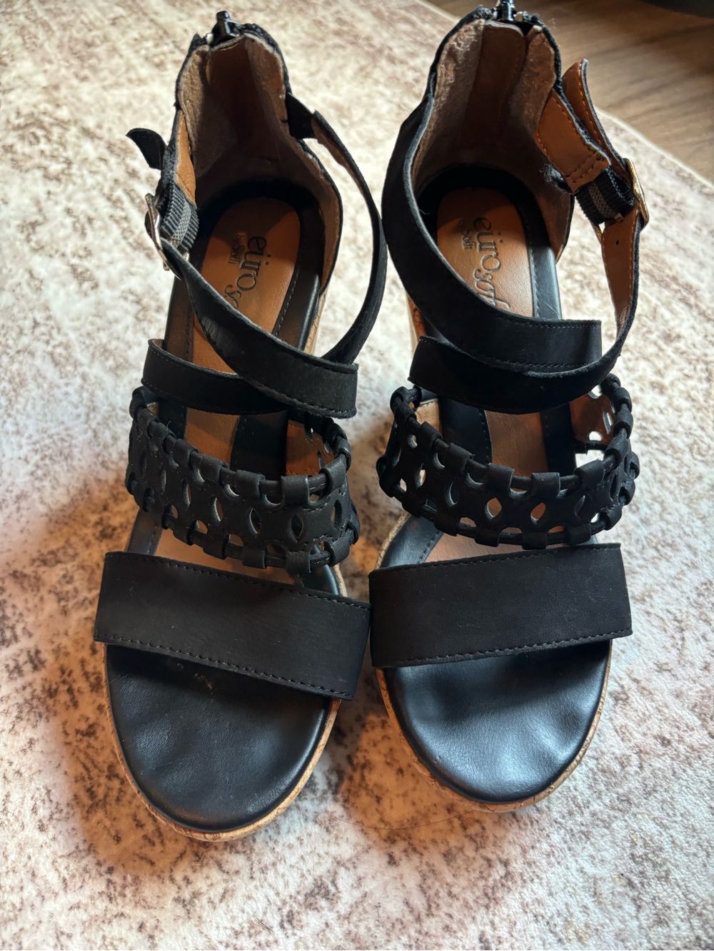 EuroSoft Black Strappy Wedge Sandals with Cutout Detail